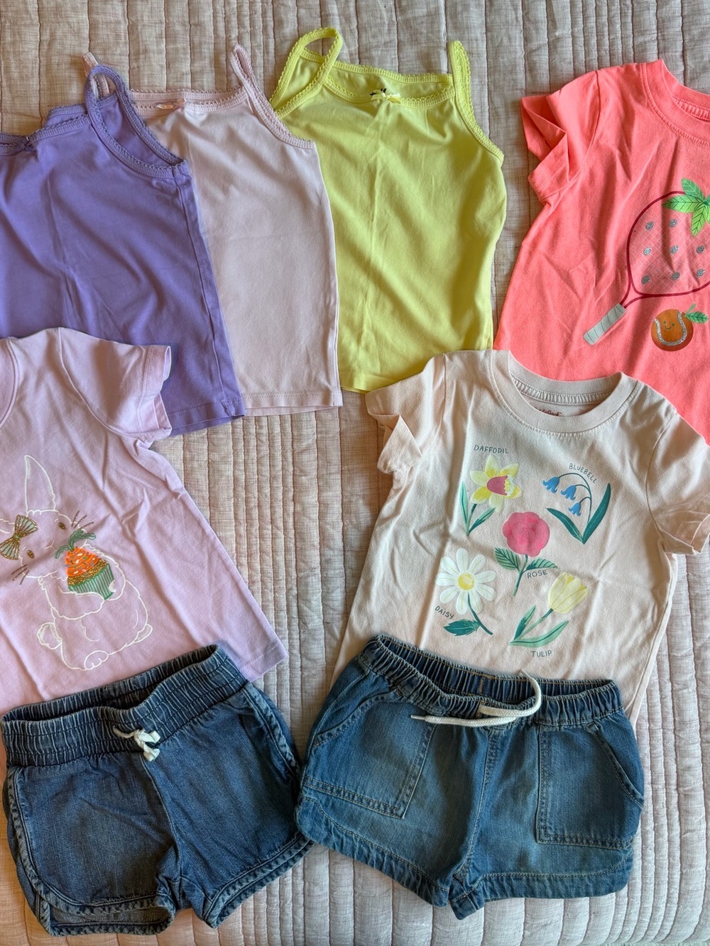 Bundle Girls Mixed Tops & Denim Shorts Set - Pastel Florals & Bright Tanks